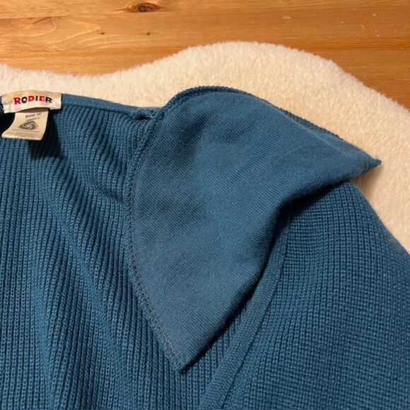 VTG Rodier Teal Blue Wool Blend LS Padded Button Cardigan Sweater Size Large - Picture 6 of 11